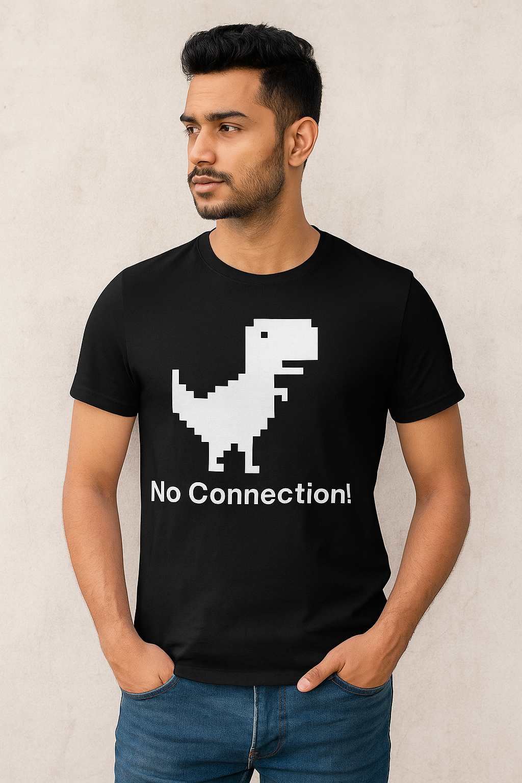 No Connection Dino T-Shirt |Round Neck Half Sleeve Black